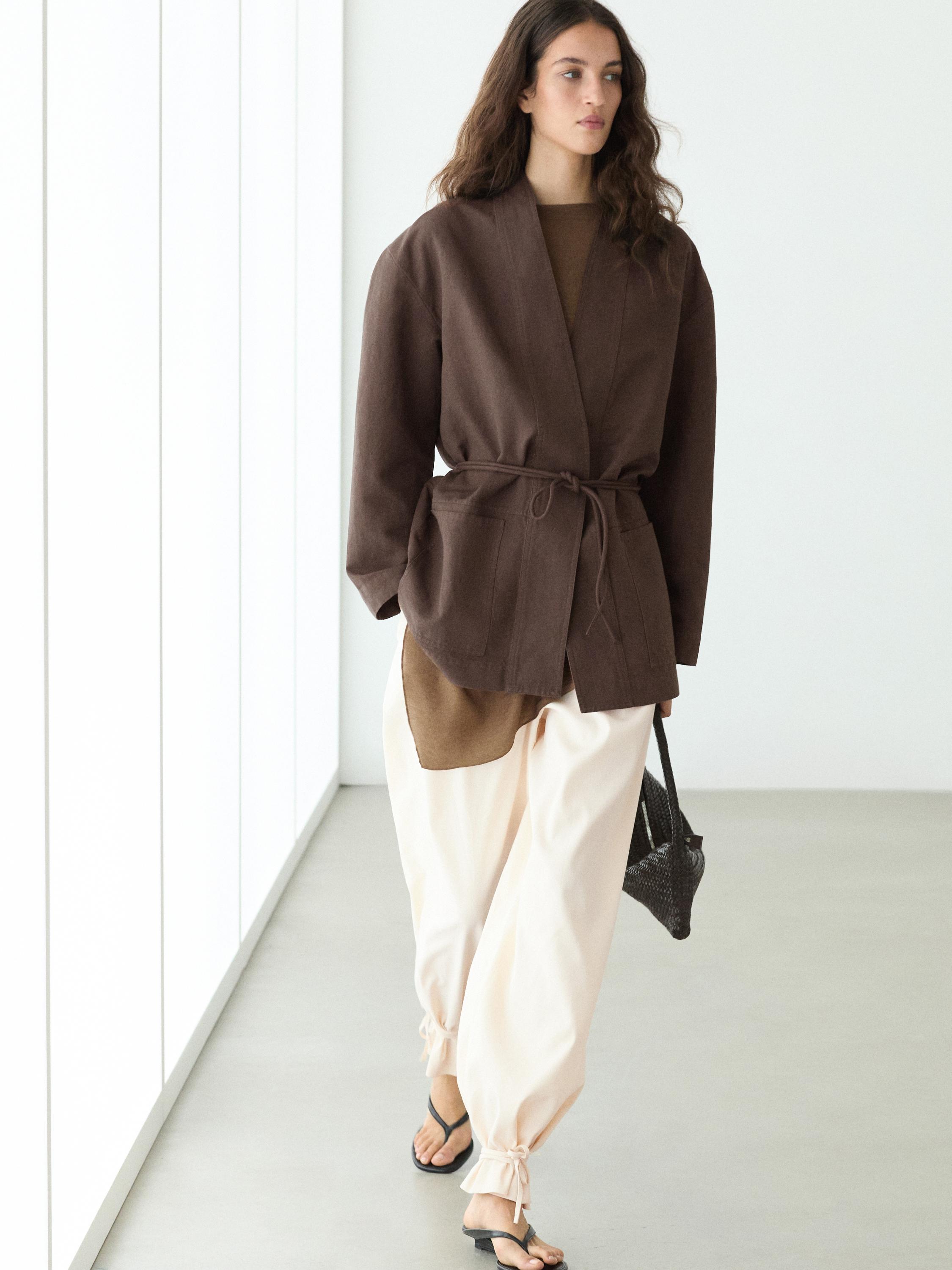 Linen blend kimono jacket with tie detail